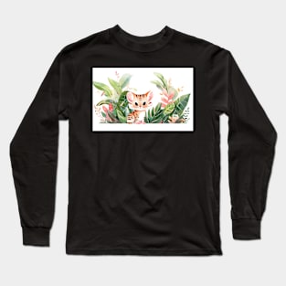 Whimsical Jungle Cat Watercolor Illustration Long Sleeve T-Shirt